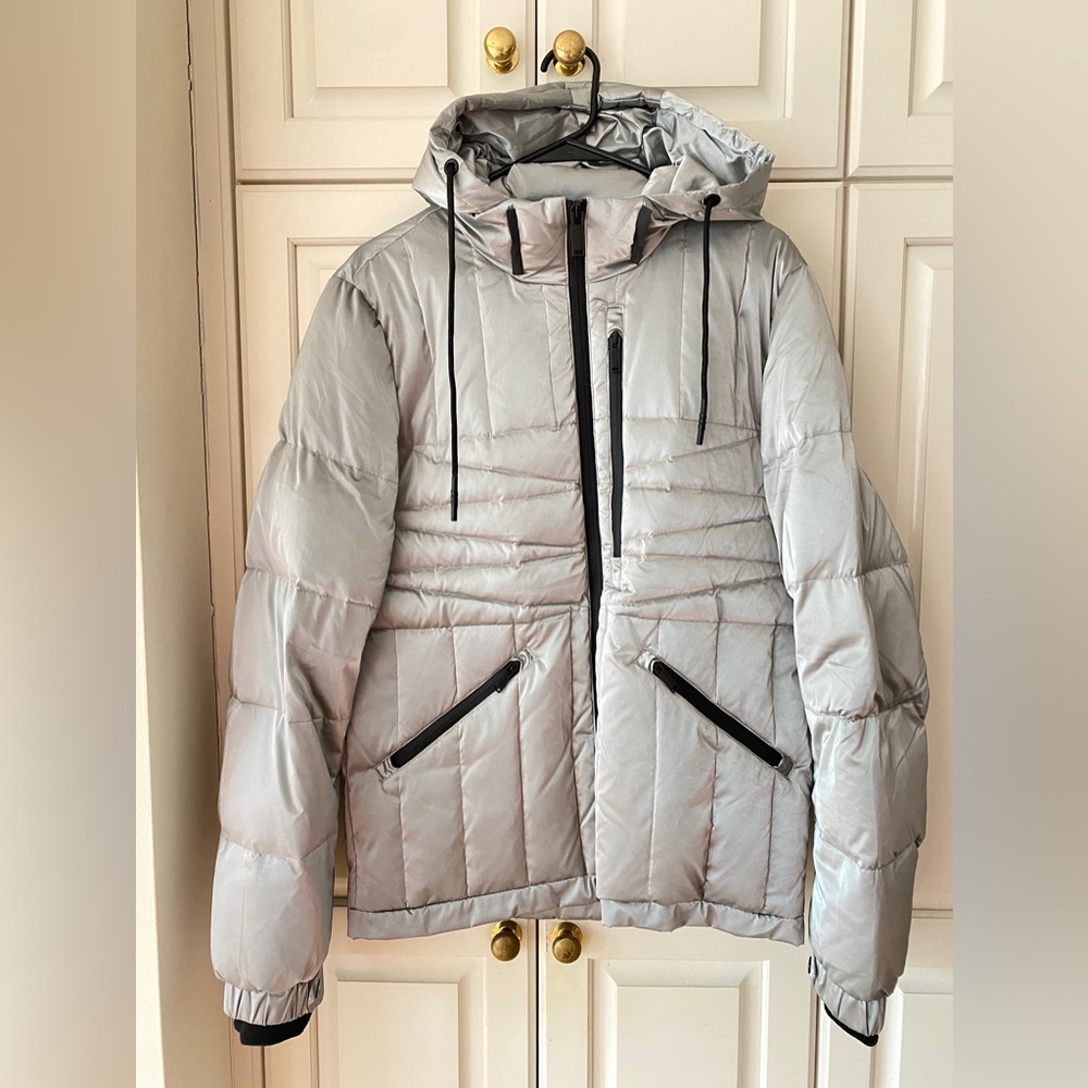 Karl Lagerfeld Grey Silver Hooded jacket Down Geometric-Quilted men's S